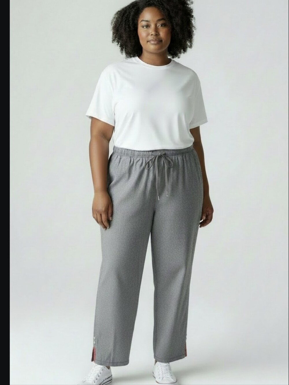 Wide Leg Gray Check Cotton Pull-on Pants-Lg